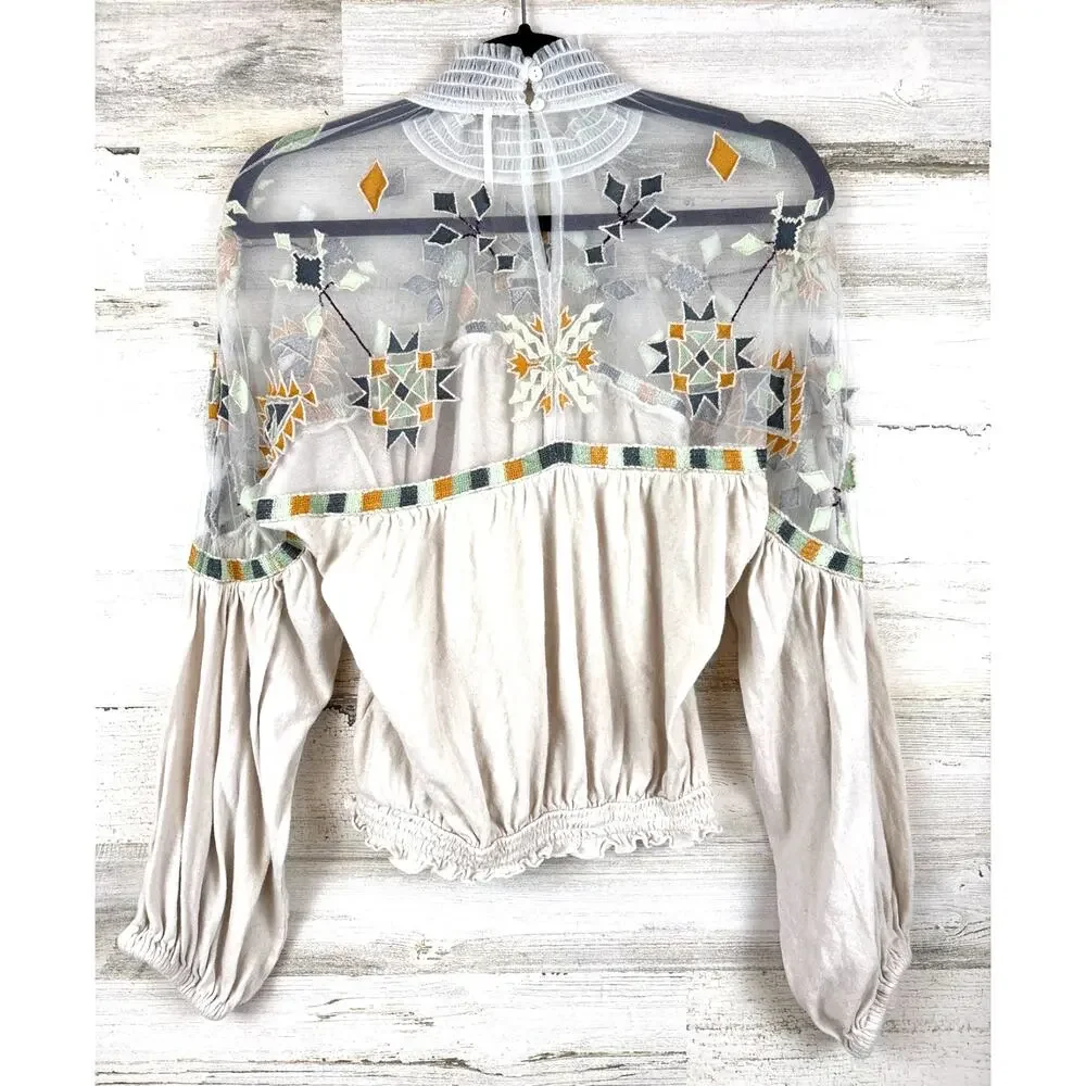 Free People Womens S Cream Monday Morning Embroidered Cotton Lace Top Boho